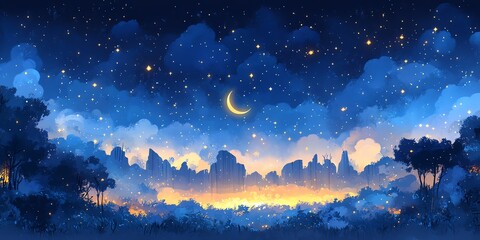 Naklejka premium A crescent moon shines brightly in a starry night sky over a silhouette of a forest.