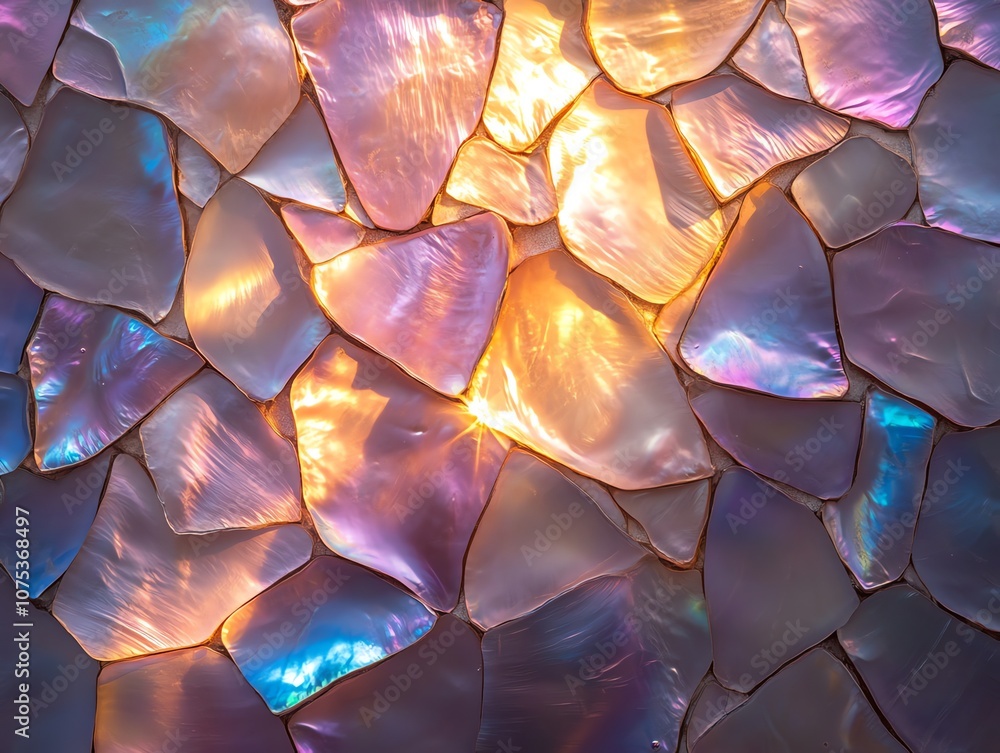 Aufkleber A close-up of a mosaic made from iridescent seashells. The shells are arranged in a random pattern and the light shines through them, creating a beautiful abstract design.