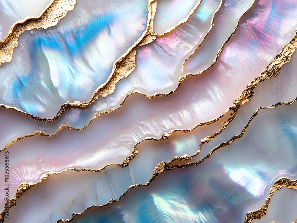 Poster close-up of iridescent white and pink seashell with gold accents, creating a natural abstract design