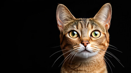 Obraz premium Abyssinian cat with alert expression, slender body, and striking green eyes. This captivating feline stands out against dark background, showcasing its unique features and charm
