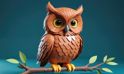Obraz premium A paper owl sits on a branch, looking directly at the camera