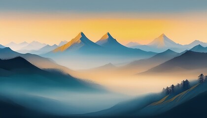 안개가 끼인 산봉우리 동양화