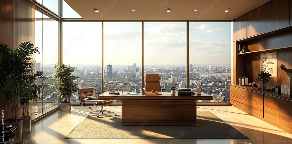 Poster modern office with large windows and a view of the city.