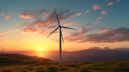 Obraz premium A photo of a wind turbine at sunset.