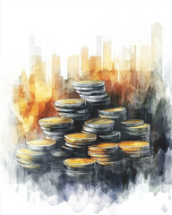Watercolor Illustration of financial investment and economic growth concept