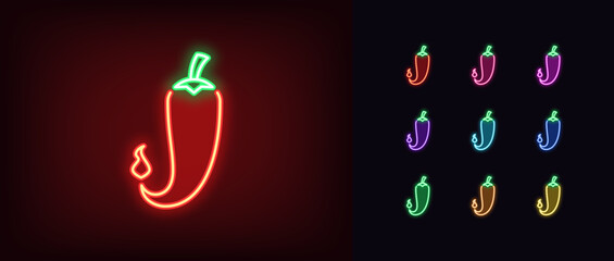 Outline neon hot pepper icon set. Glowing neon chili pepper with little fire, spicy food. Jalapeno pepper, extra hot taste, spicy kitchen, paprika spice, chili sauce, fire taste. Vector icons