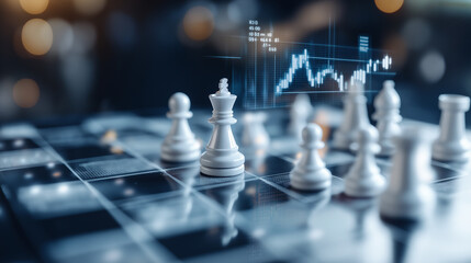 Cyber chessboard with black and white chess where each piece represents a company, with performance metrics and graphs floating above them