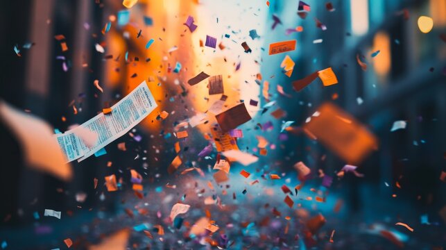 A Confetti-Filled Sky With a Single Lottery Ticket in Focus