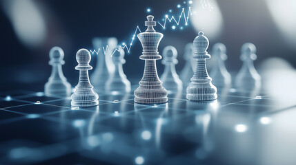 Cyber chessboard with black and white chess where each piece represents a company, with performance metrics and graphs floating above them