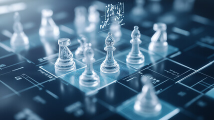 Cyber chessboard with black and white chess where each piece represents a company, with performance metrics and graphs floating above them