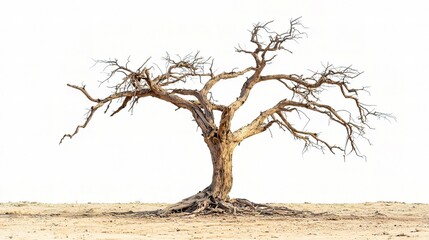 Fototapeta premium Isolated Old Dry Tree with Only Twigs Remaining in Arid Landscape Against Blank White Background for Nature and Environmental Concepts