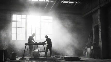 Silhouette of Construction Workers in Industrial Space