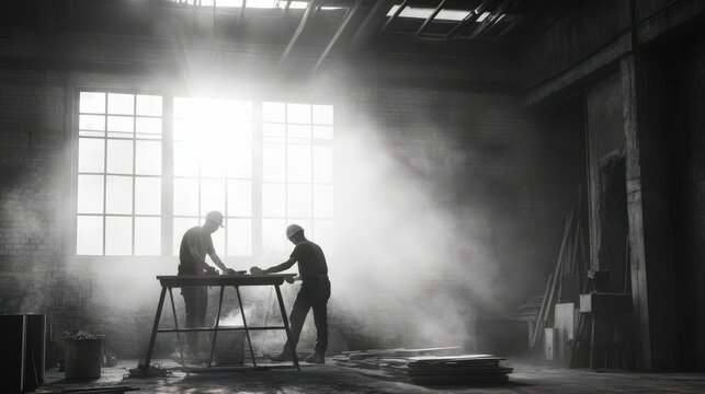 Silhouette of Construction Workers in Industrial Space - Powered by Adobe