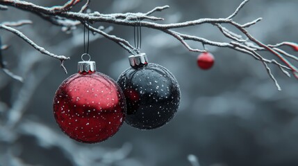 Fototapeta premium Red and Black Christmas Ornaments Hanging on a Snowy Branch