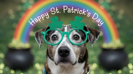 A playful dog wears shamrock glasses with a rainbow backdrop, spreading joy for St. Patrick's Day. AI generated.