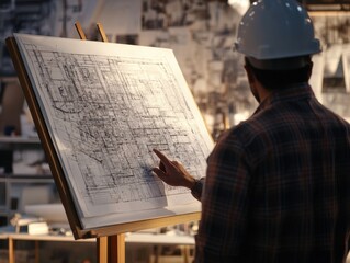 Naklejka premium Architect in hard hat shows blueprint to client in studio