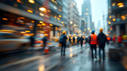 Motion Blur of Workers Walking on a City Street with Tall Buildings and Bokeh Lights