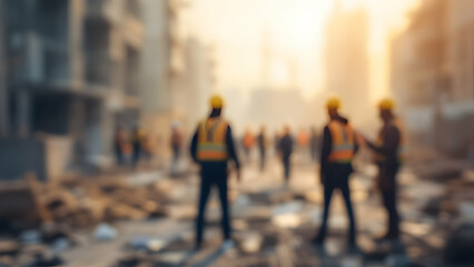 Obraz premium Construction Workers In Blurred Silhouette At Sunset