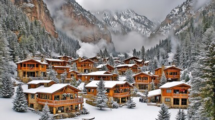 Snowy Mountain Village with Wooden Chalets and Fog