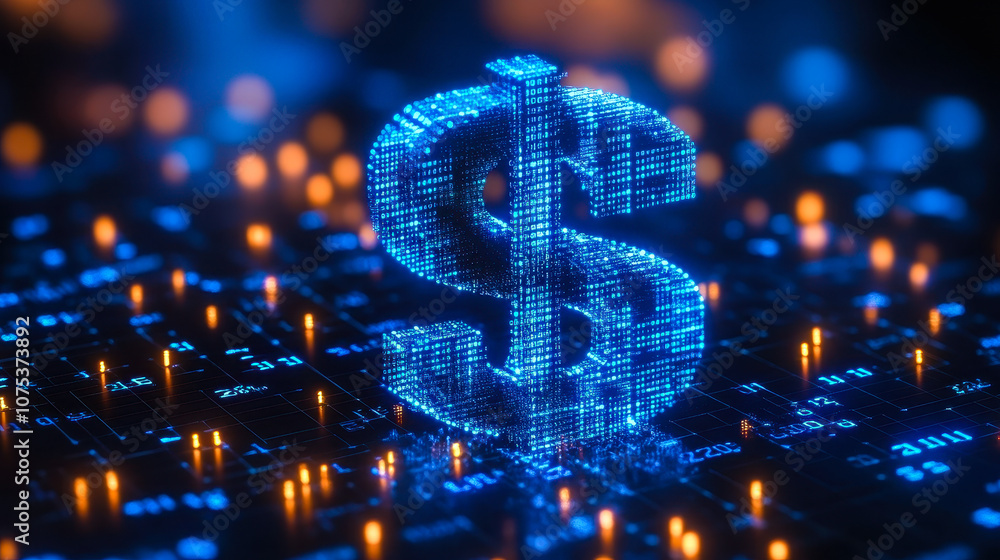 Poster digital dollar icon with binary code: ai in financial platforms and wealth management