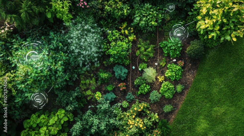 Poster a vibrant garden thrives with automated sprinklers and soil sensors ensuring optimal hydration and g