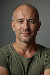 Obraz premium Confident Middle-Aged Man with a Bald Head in Casual Gray T-Shirt