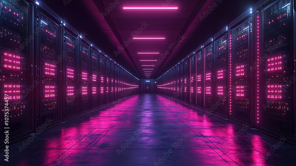 Poster a long hallway with rows of server racks on each side. the racks are illuminated with pink neon ligh