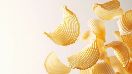 Isolated Falling Potato Chips in Mid-Air Captured on a White Background for Delicious Snack and Culinary Visuals