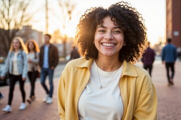Fototapeta premium Smiling Young Woman with Curly Hair in Urban Setting During Sunset
