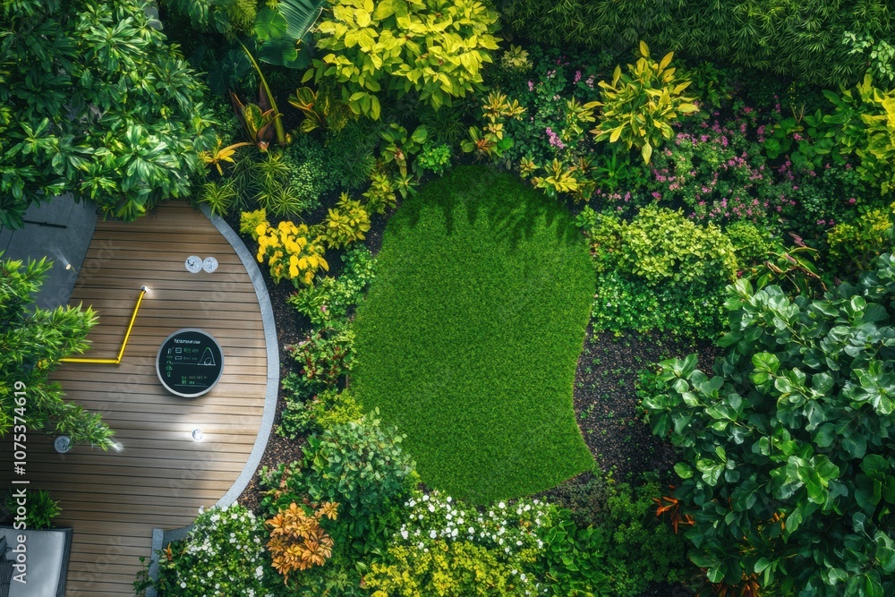 Poster the lush garden features automated sprinklers and soil sensors, showcasing an array of thriving plan