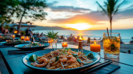 Pad Thai Stir Fried Asian Noodles With Shrimp, Egg, Tofu And Bean Sprouts. Beautiful view on beach, waves and sea.