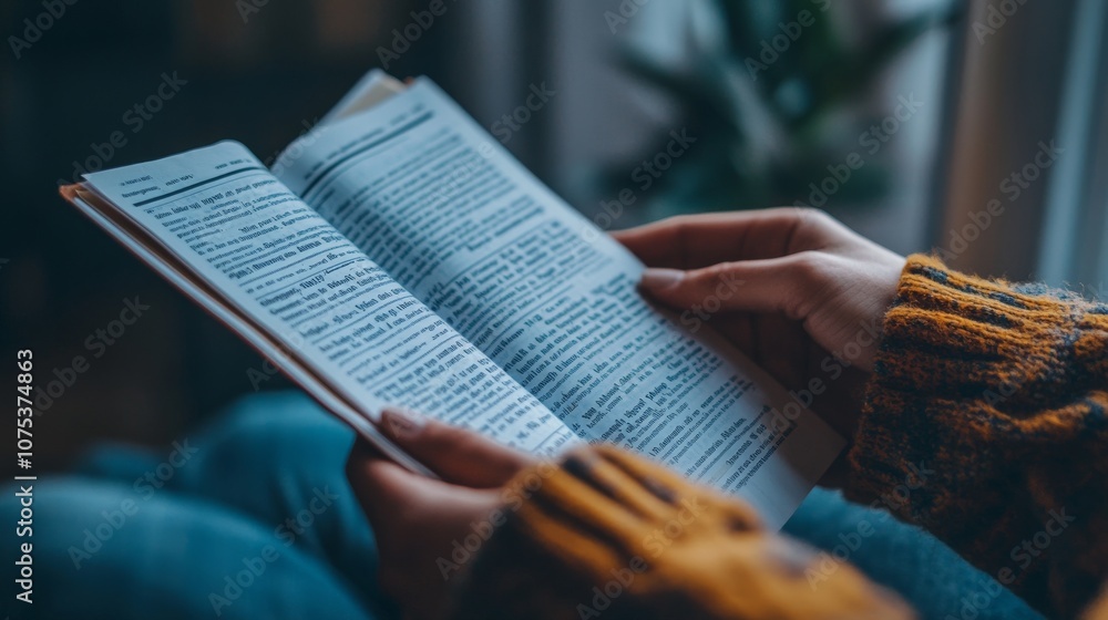 Poster person reading a book with text in a foreign language
