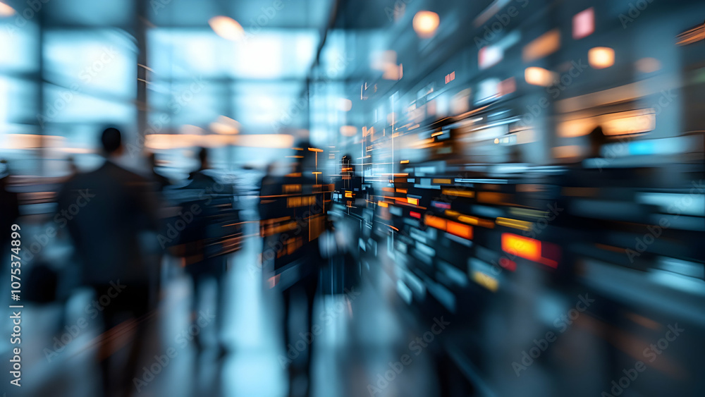 Poster abstract cityscape with blurry figures and data flow in motion