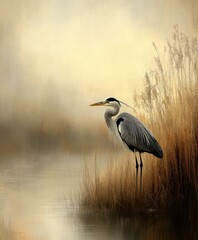 Naklejka premium Serene Great Blue Heron by Tranquil Waters Amidst Golden Grasses