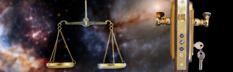 A cosmic balance of justice with golden scales and a key mechanism against a backdrop of swirling...
