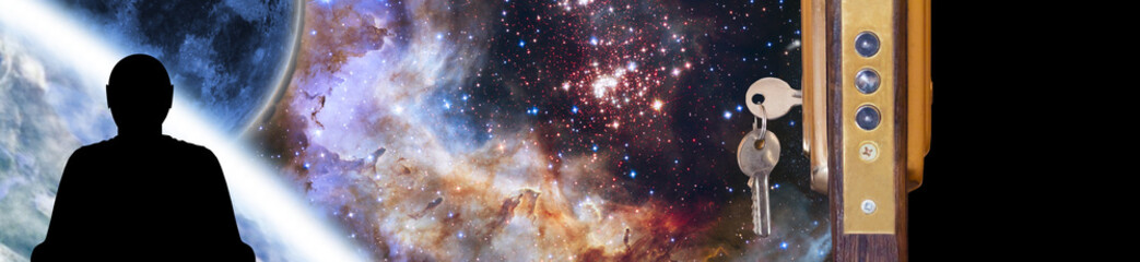 Discovering new worlds: A silhouette stands before a cosmic gateway, with keys poised for...