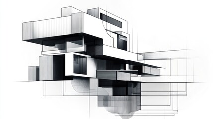 Abstract line art illustration of modern modular architecture showcasing a unique facade in a three dimensional design