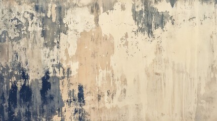 Fototapeta premium Abstract texture of peeling paint on a wall showcasing shades of beige, blue, and gray in a weathered indoor setting