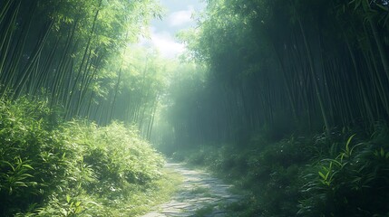 Obraz premium A serene path winds through the lush green bamboo, Beautiful green bamboo forest