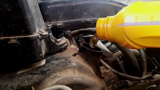 Mechanic pours motor oil from a yellow bottle into the engine of a vehicle