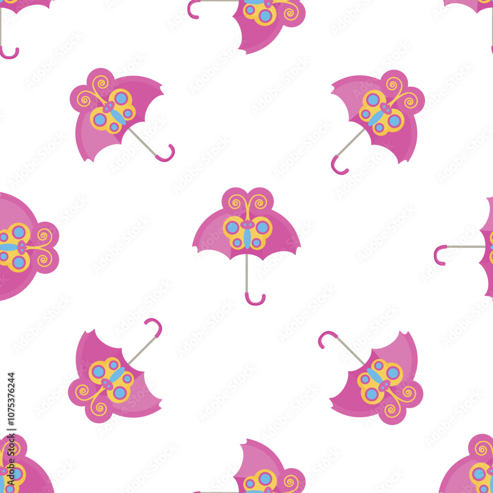Poster pink umbrellas with butterfly decorations creating a cheerful seamless pattern on a white background