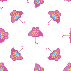 Pink umbrellas with butterfly decorations creating a cheerful seamless pattern on a white background