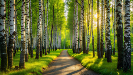 Obraz premium A winding dirt road leading through a spring birch grove in the sunlight.