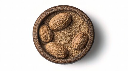 Top View of Ground Nutmeg in a Wooden Bowl Isolated on a Clean Background Perfect for Culinary and Cooking Themes