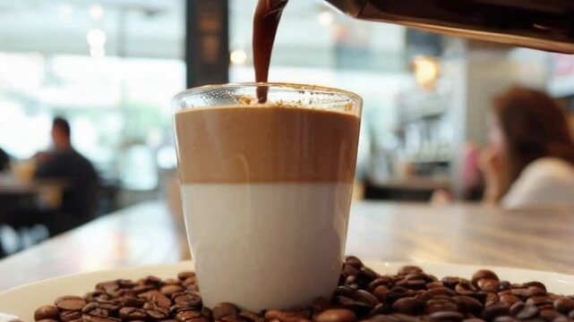 close-up of nitro coffee and glossy chocolate syrup blending, highlighting creamy texture and indulgent flavor, nitro coffee and chocolate syrup create a creamy, indulgent drink in a modern coffee bar