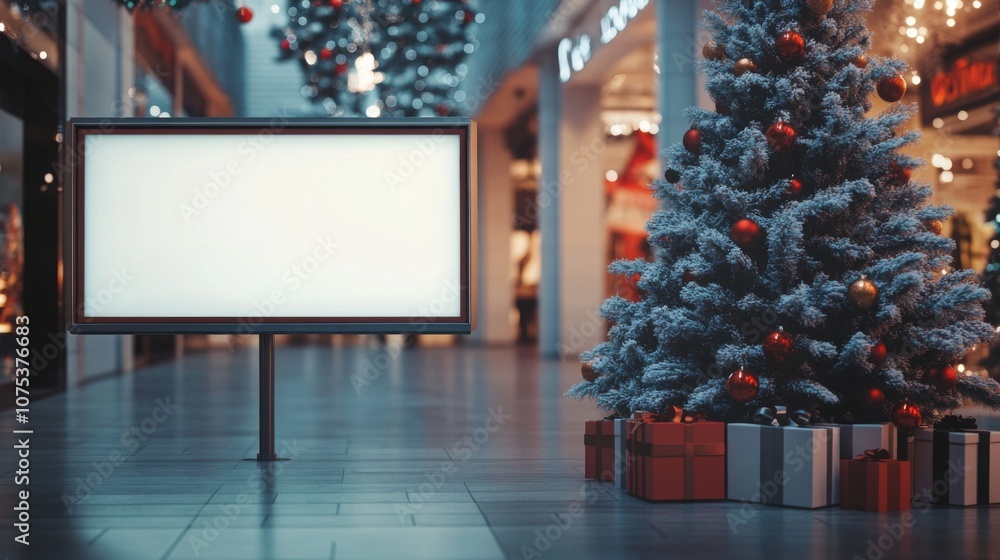 Poster a large, blank billboard stands in the middle of a mall's tile floor. a christmas tree with red orna