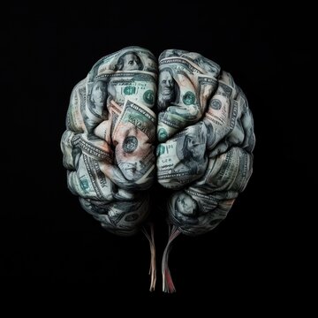 a brain made of money on a black background