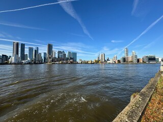 Canary Wharf, London Skyscrapper View From Thames River