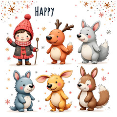 Naklejka premium Cute cartoon winter scene with kids and animals in cozy outfits