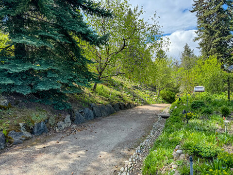Calgary, Alberta - May 19, 2024: Pathways and plants in Reader Rock Garden in SE Calgary
